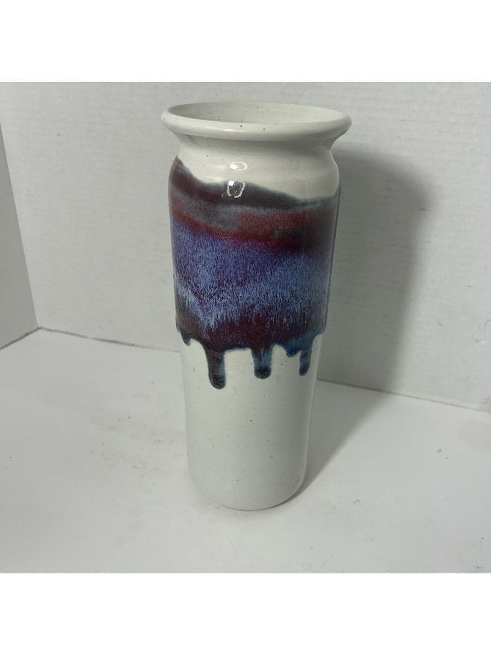 Art Pottery Ceramic Vase Drip Glaze Bruning Pottery Abstract 4x10” Purple White